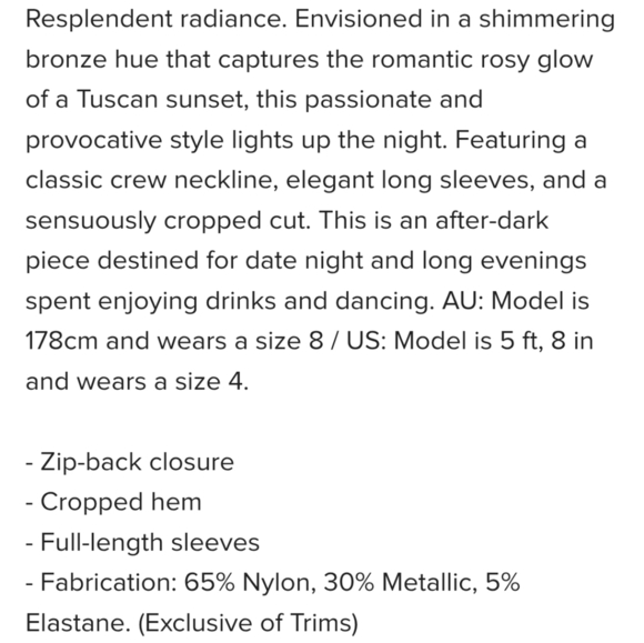 NWT Bardot Tuscany Long Sleeve Lurex Crop Top in Bronze Lur Medium - Picture 9 of 10